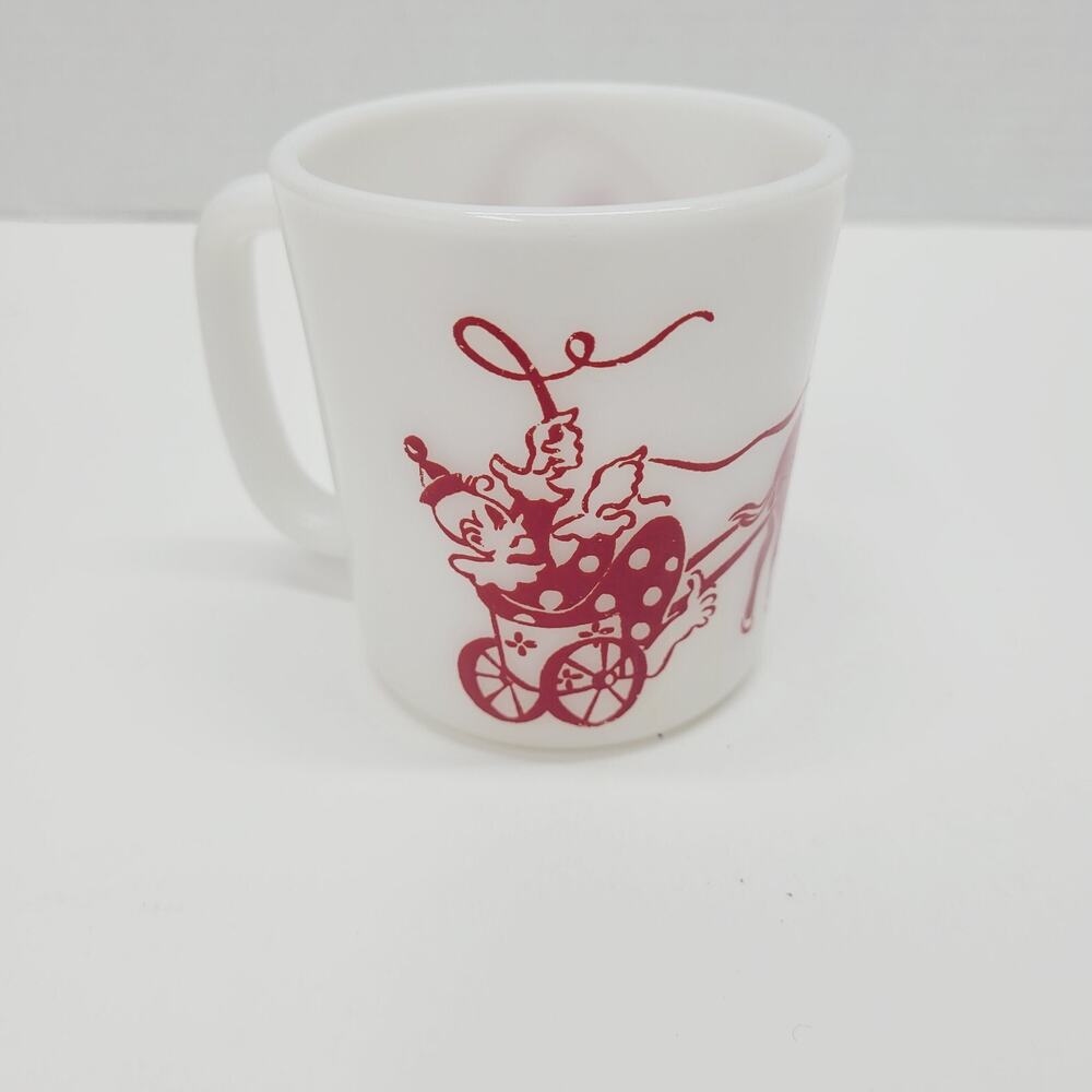 VTG MCM Mid Century Hazel Atlas Milk Glass Dark Red Circus Clowns Kids Mug 1950s